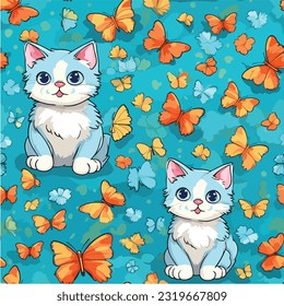 A playful kitten exploring a field of colorful butterfly