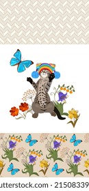 Playful kitten in a knitted hat with pom-poms catches a big blue butterfly isolated on a white background and two matching fabrics with floral ornaments and a zigzag pattern in vector.