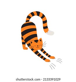 Playful Kitten Is Naughty, Making Scratches. Tabby Cat Stretches And Frolicsome. Impish Tiger Cub, Flat Cartoon Character.Isolated.Vector Illustration