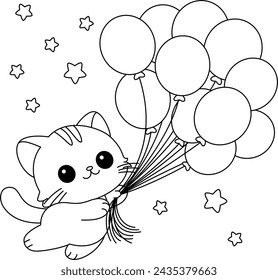 The playful kitten is playing with a bunch of balloons coloring page.