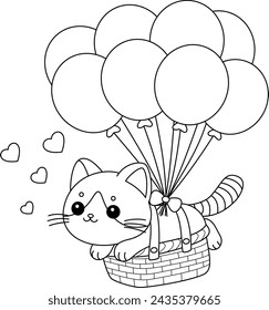 El gatito juguetón está jugando con un montón de globos para colorear la página.