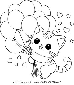 The playful kitten is playing with a bunch of balloons coloring page.