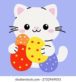 Gatito juguetón acurrucándose con coloridos huevos de Pascua