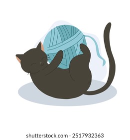 Playful Kitten with Yarn Ball. Kawaii Cat Playing with Yarn in Fun Cartoon Style