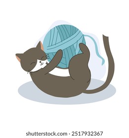 Playful Kitten with Yarn Ball. Kawaii Cat Playing with Yarn in Fun Cartoon Style