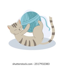 Playful Kitten with Yarn Ball. Kawaii Cat Playing with Yarn in Fun Cartoon Style