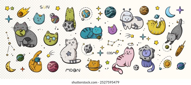 Playful kittens floating among whimsical planets and twinkling stars on a soft beige background