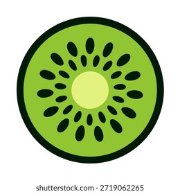 Icono juguetón del Vector de la rebanada de la fruta del kiwi que muestra las semillas negras y la carne verde clara, marco del círculo, diseño divertido y fresco.