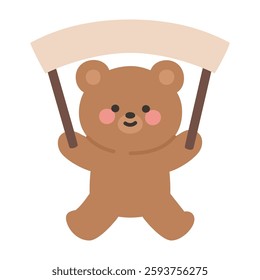 Playful Korean Doodle Bear Lifting a Curved Blank Banner Vector Illustration