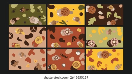 Layout lúdico de rosquinhas, biscoitos, pão de gengibre e doces de chocolate com bolhas abstratas em tons de terra para padaria, café ou temas de deleite.