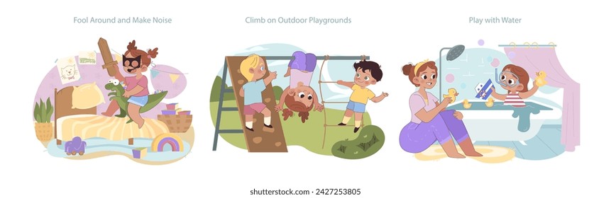 Playful Learning Activities concept. Kids enjoy unstructured playtime, outdoor adventures, and water games. Embracing energetic exploration and joyful learning experiences.