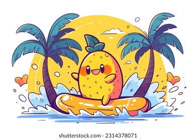 A playful lemon character doing a surfboard