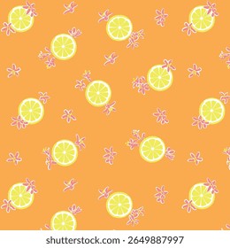 Fatias de limão brincalhão e flores rosa em fundo laranja vibrante. Perfeito para impressões com temas de verão, designs de tecido e obras de arte inspiradas em citros frescos.