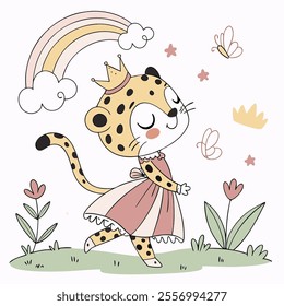 A playful leopard in a dress, adorned with a crown and surrounded by nature.