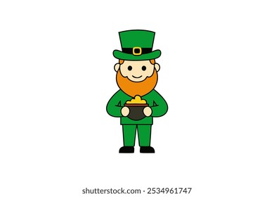 A playful leprechaun with a pot of gold, perfect for St. Patrick's Day themes, Irish folklore, or festive designs. Ideal for cartoon vector art and creative illustrations.