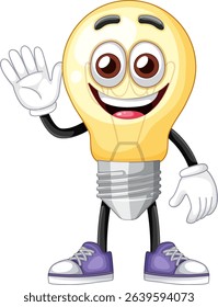 A playful light bulb character with expressive eyes and a friendly wave, perfect for educational and creative projects