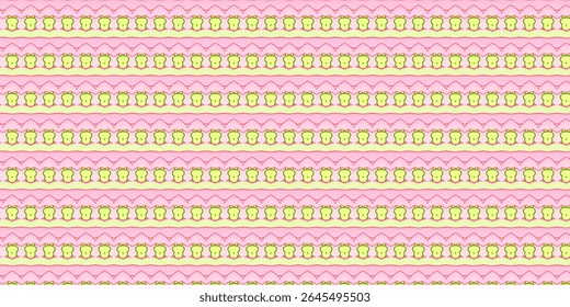Cabeças de urso verde de limão brincalhão em um padrão repetido em um fundo rosa com acentos em ziguezague. Perfeito para embrulhar papel ou decoração infantil. Rosa, urso, cal, sem emenda, brincalhão