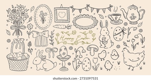 Playful line art illustrations for Easter celebration. Hand-drawn whimsical drawings of bunny, basket with eggs, flowers and various elements for cottagecore garden party. Quirky spring coquette design. Vector graphic