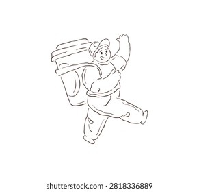 A playful line drawing of a happy courier rushing to deliver coffee. Represents speed, energy, and prompt service for beverage lovers. A unique hand-drawn vector illustration
