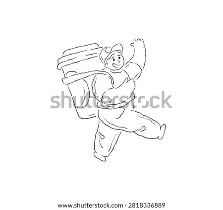 A playful line drawing of a happy courier rushing to deliver coffee. Represents speed, energy, and prompt service for beverage lovers. A unique hand-drawn vector illustration