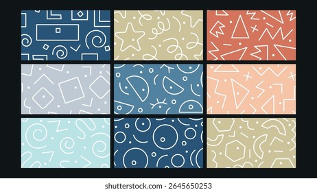 Playful line drawing of shapes like triangles, circles, stars, and squiggles over bright solid backgrounds, ideal for childrens designs and bold visuals.