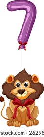 A playful lion holding a purple balloon shaped as the number seven, featuring vibrant colors and a whimsical style