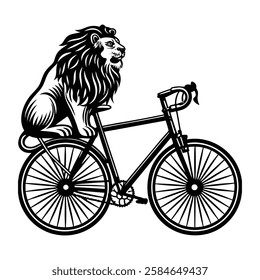 A playful lion riding a bicycle with a joyful expression, its mane flowing in the wind, showcasing a fun, adventurous vibe full of energy and charm.