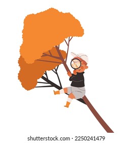 Playful Little Boy in Cap with Magnifying Glass Sitting on Tree Branch Looking at Something and Smiling Vector Illustration