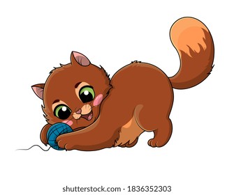 Playful little cartoon kitten with big green eyes playing with a ball of wool or twine with a gleeful smile and tail up isolated on white, colored cartoon vector illustration