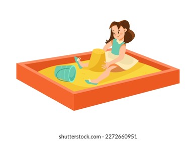 Playful Little Girl Playing in Sandpit on Playground Enjoying Summer Vector Illustration