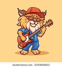 Ein verspieltes und lebendiges Cartoon-Maskottchen eines Bobcat-Gitarristen, ideal für musikbezogene Unternehmen, Bands und Events. Dieses dynamische Logo eignet sich perfekt für Rockbands, Gitarrenshops oder Musikfestivals,