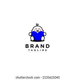 Playful Logo Design Baby Laughing While Hugging Blue Heart Symbol.