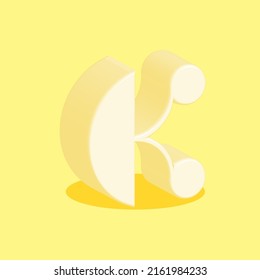 Playful logo K letter soft yellow artwork 3d font, isometric shape alphabetical mark typography print design.