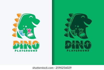 A playful logo showcasing a cute monster character combined with happy kids playing on playground arena.,