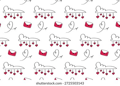 Patrón juguetón del doodle del amor con los corazones y el sobre en el fondo blanco.