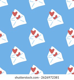 Playful Love Envelope Pattern Design. Seamless pattern with white envelopes and red hearts on a blue background. Cute and minimal cartoon style with clean, playful shapes.
