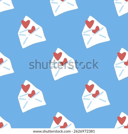 Playful Love Envelope Pattern Design. Seamless pattern with white envelopes and red hearts on a blue background. Cute and minimal cartoon style with clean, playful shapes.