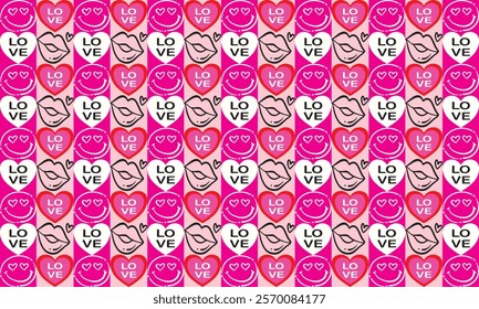 Playful love-themed seamless pattern featuring hearts, lips, and smiling faces in vibrant pink, red, and white tones. Perfect for Valentine's Day designs, packaging, and digital backgrounds.