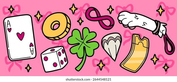Playful lucky charm doodle collection with ace card, coin and dice, clover and golden ticket, infinity symbol and rabbit foot on pink background. Whimsical fortune icons for good luck wishes design.