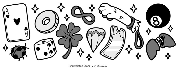 Brincalhão sorte charme doodle coleção com cartão de ás, moeda e dados, trevo e bilhete, símbolo infinito, oito bola e pé de coelho no saco branco. Ícones de fortuna extravagantes para boa sorte deseja design.