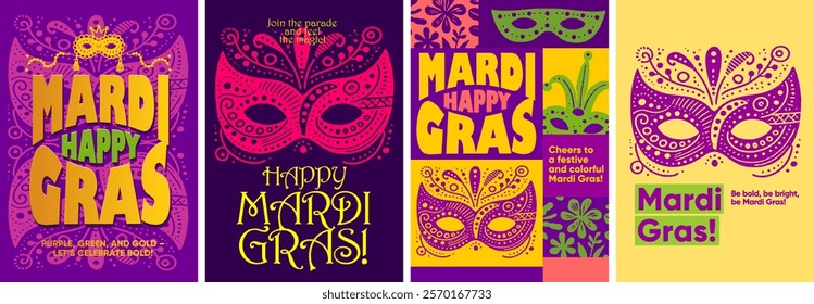 Playful Mardi Gras poster with festive masks, beads, and bold lettering in vibrant purple, green, and yellow, perfect for carnival festivities.