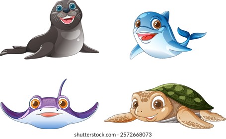 Playful marine animals with happy expressions