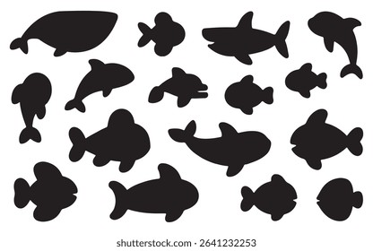 Playful Marine Fish Silhouettes Vector on White Background.
