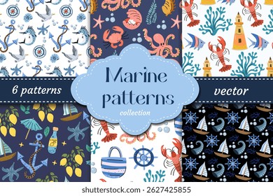 Playful marine pattern collection with anchors, fish, seagulls and sea creatures in blue and coral tones. Ideal for kids textiles and summer products.
