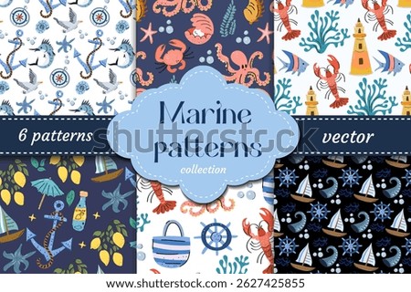 Playful marine pattern collection with anchors, fish, seagulls and sea creatures in blue and coral tones. Ideal for kids textiles and summer products.
