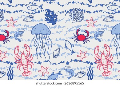 Playful marine pattern with hand-drawn jellyfish, lobsters, crabs, fish, shells, and corals in red and blue on a wavy striped background. Bright and fun summer design. Vector illustration