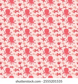 Playful marine pattern with octopuses and starfish in pastel tones.