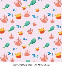 Playful Marine-Themed Pattern with Whales, Sharks, and Crabs