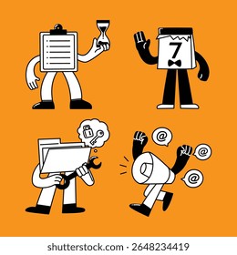 Playful mascot characters representing various creative services in studio or agency workflows, visualized with animated objects.