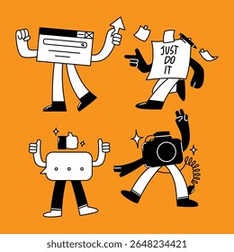 Playful mascot characters representing various creative services in studio or agency workflows, visualized with animated objects.